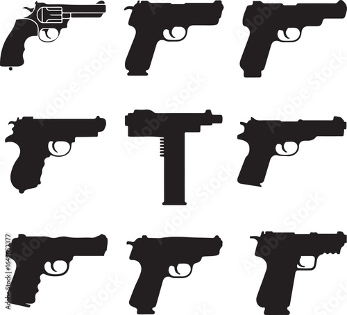 Nine Different Handgun Silhouettes in a Grid Layout pistol revolver