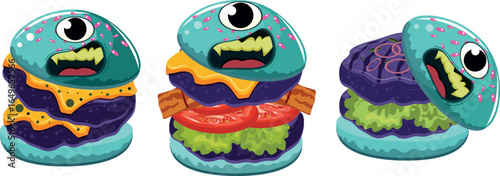 set with Halloween food, namely burgers with various fillings stylized as a monster with one eye and yellow teeth, for Halloween posters, patterns or other holiday designs