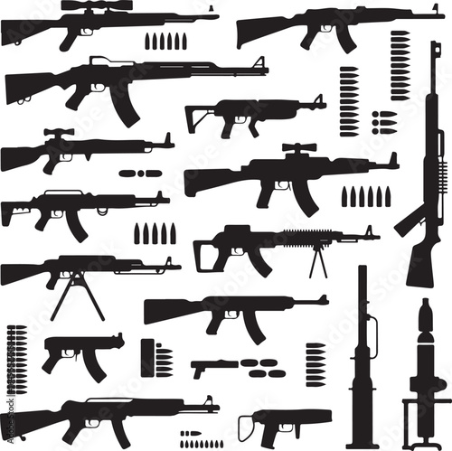 Variety of Rifle and Ammunition Silhouettes on White Background weapon firearm