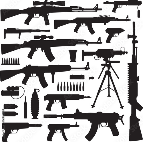 Assorted Firearm and Grenade Silhouettes on White Background weapon rifle