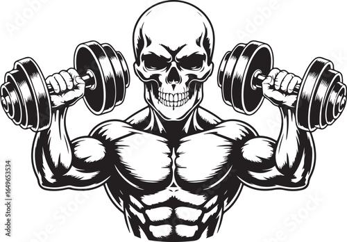 Skull bodybuilder lifting dumbbells in black and white illustration style weightlifting
