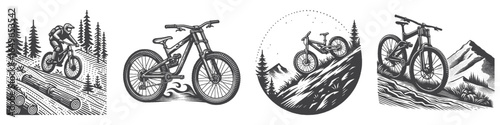 Vintage Hand-Drawn Downhill Bike with Log Illustration, Extreme Sport Engraved Vector for Cycling and T-Shirt Design