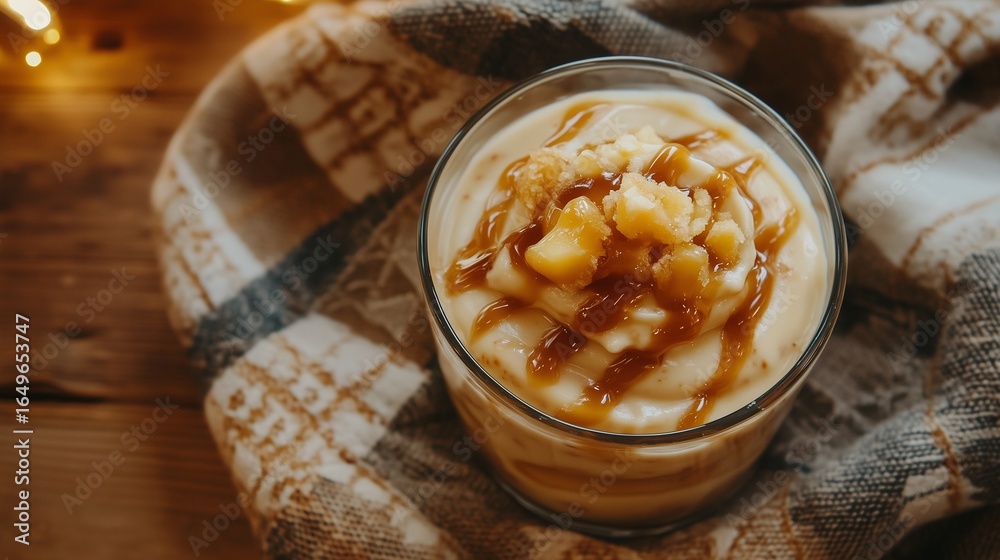 A rich dessert topped with caramel sauce and chopped nuts sits in a glass on rustic wood A rich dessert topped with caramel sauce and chopped nuts sits in a glass on rustic wood