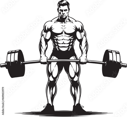 Muscular man in shorts holding a barbell with weights on white background Keywords: athletic