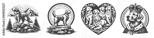 Vintage Hand-Drawn Golden Retriever Family With Love Illustration, Heartwarming Engraved Vector for Pets and T-Shirt Design