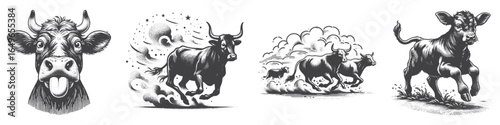 Vintage Hand-Drawn Cattle Running Fast Illustration, Farm Animal Engraved Vector for Ranch and T-Shirt Design