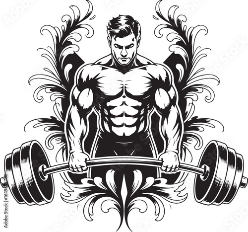 Muscular Man Lifting Barbell With Decorative Flourishes Black And White weightlifting fitness