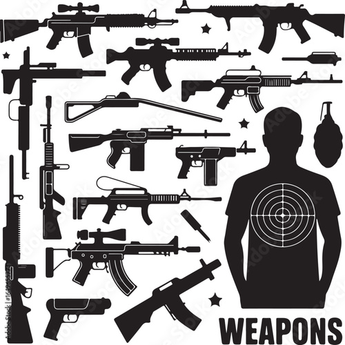 Silhouette collection of various firearms and a target practice human figure rifle shotgun