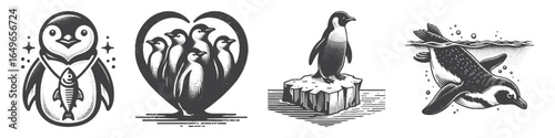 Vintage Hand-Drawn Penguin Catch Fish Illustration, Wildlife Engraved Vector for Animals and T-Shirt Design