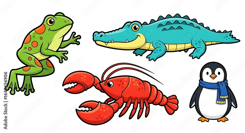 Fototapeta premium Cartoon Animals: A Cheerful Green Frog, Blue Alligator, Red Lobster, and Scarfed Penguin