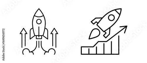 Rocket icons vector set. Outline rockets launching and flying upwards with growth chart, symbolizing startup, innovation, or progress.