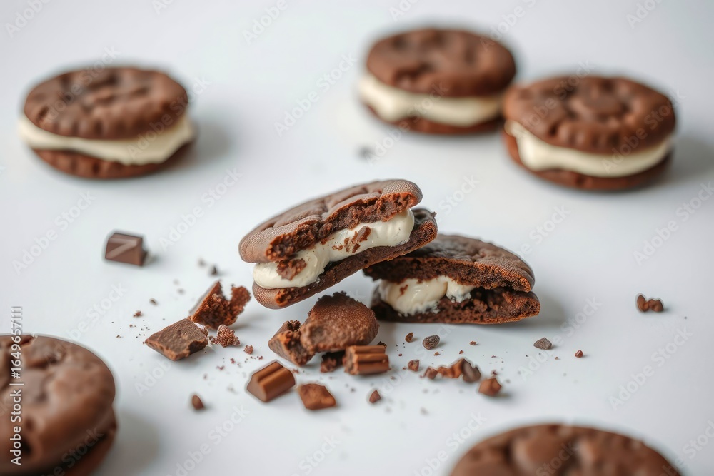 Obraz premium Chocolate sandwich cookies with cream filling some halved scattered chocolate pieces on a white surface