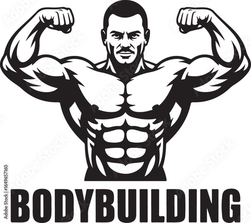 Muscular man flexing biceps with bodybuilding text on white background fitness muscle