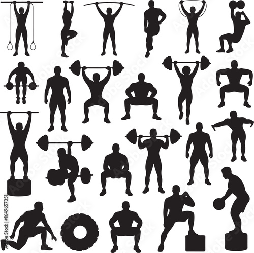 Collection of fitness silhouettes of men and women performing weightlifting and exercises Keywords