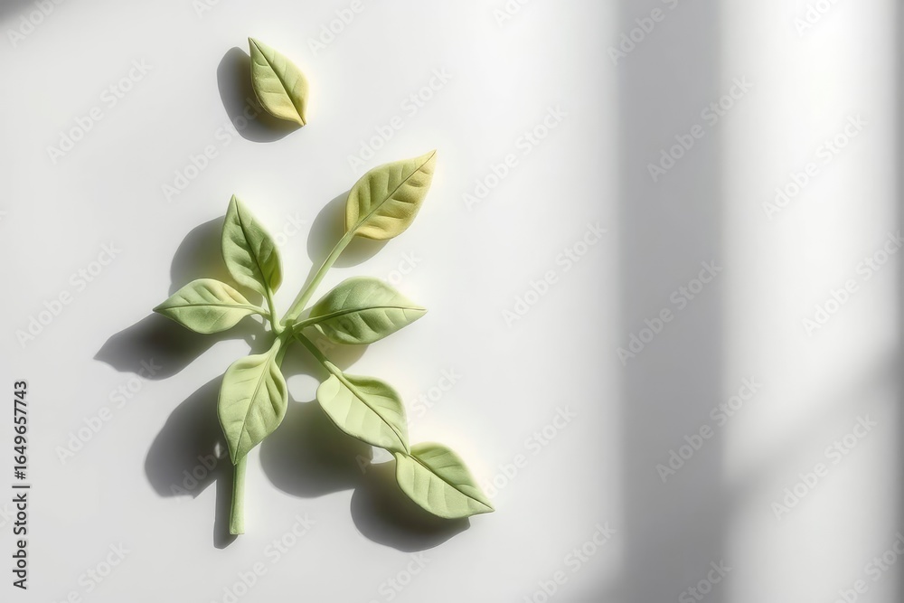 Fototapeta premium A sprig of leaves including a single detached leaf lies on a stark white surface with linear shadows
