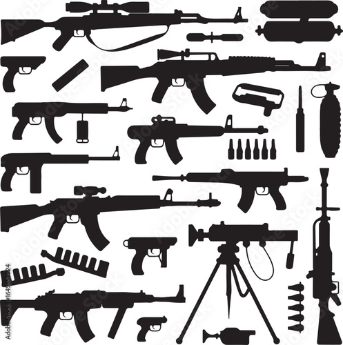 Assorted Assault Rifles Pistols and Ammunition Silhouettes vector illustration