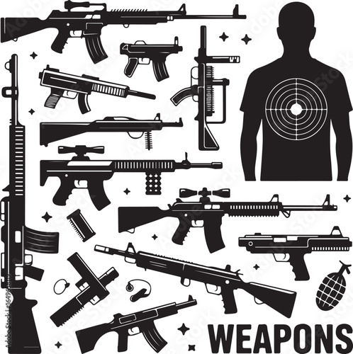 Military Weapons Collection with Target Human Silhouette rifle pistol