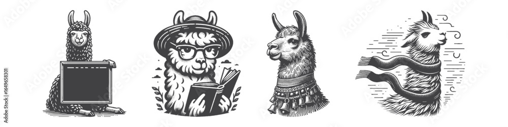 custom made wallpaper toronto digitalVintage Hand-Drawn Llama Wearing Scarf Illustration, Animal Engraved Vector for Winter and T-Shirt Design