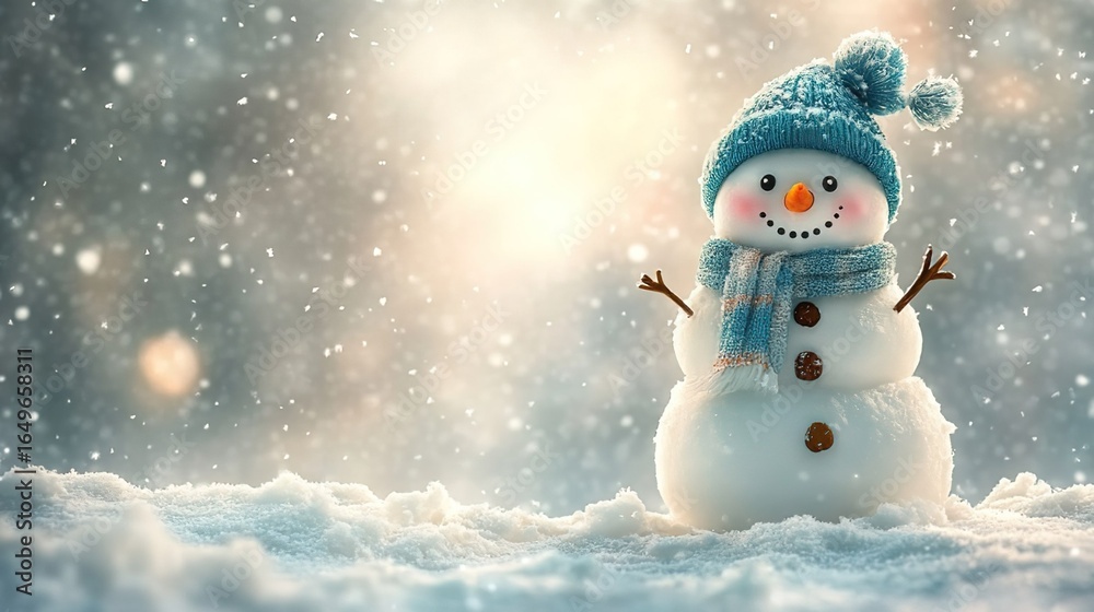 Fototapeta premium Cheerful Snowman in Winter Snowfall with Scarf and Hat