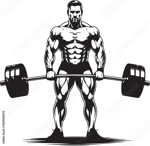 Strong bodybuilder lifting a barbell in a black and white illustration strength fitness