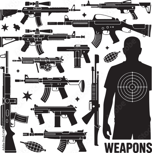 Collection of Weapon Silhouettes and a Target Man with Text rifle firearm