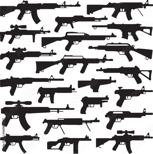 Assortment of Black Rifle and Gun Silhouettes on White Background firearm weapon