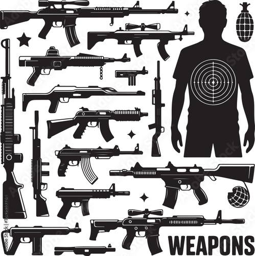 Silhouette Collection of Weapons Including Rifles and a Target Man firearm handgun