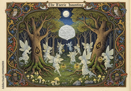 Illustration of fairies in a forest under a full moon with decorative border and owl details