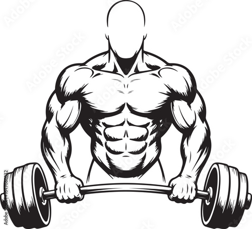 Muscular man with faceless head holding a barbell with weights bodybuilding weightlifting