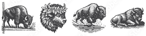 Vintage Hand-Drawn Bison with Leaves Headgear Illustration, Animal Engraved Vector for Nature and T-Shirt Design