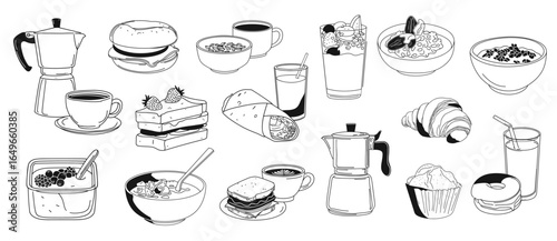 Line art breakfast menu set. Coffee pot and cup, bagel, cereal in bowl, healthy yogurt with berries and fruit. Morning food vector design