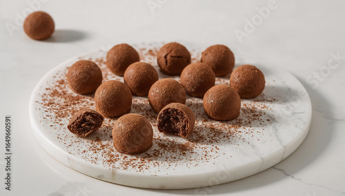 Photo of delicious chocolate truffles displayed on a round marble plate creating an inviting and tempting treat for any chocolate lover