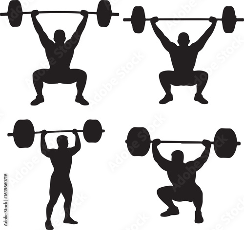Four silhouette icons of weightlifters performing overhead lifts weightlifting fitness