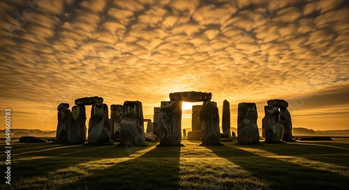 Stonehenge stands silhouetted against a vibrant sunset, a timeless monument