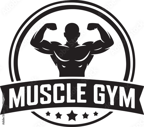 Gym logo with muscular man flexing and text banner fitness workout