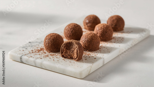 Photo of delicious chocolate truffles dusted with cocoa powder arranged on a white marble board, perfect for a gourmet dessert