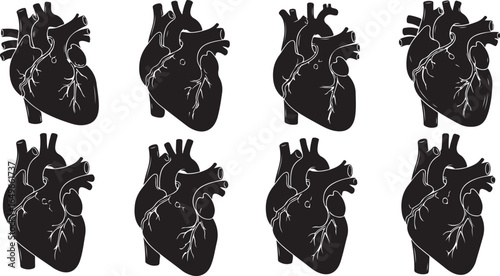 Vector art of anatomical human heart silhouettes repeated in a pattern, isolated on a white background, symbolizing health, life, love, and emotion