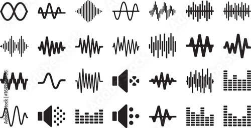Vector art of collection of diverse sound wave and audio signal icons, including equalizer bars and speaker symbols, isolated on a white background