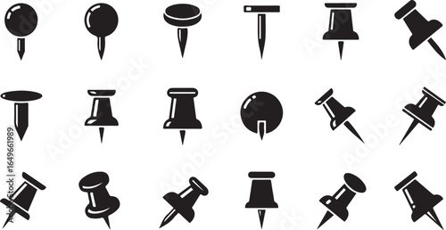 Vector art of collection of various black pushpins and thumbtacks with sharp points, isolated on a white background, representing office supplies and stationery tools for attaching papers and notes