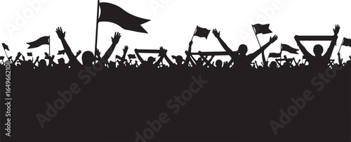 Vector art of silhouette of a cheering crowd with flags and banners, isolated on a white background, representing celebration, victory, and collective excitement at a sporting event or concert