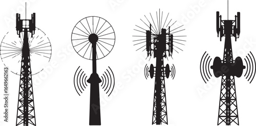 Vector art of collection of four black silhouette telecommunication towers with antennas and signals, isolated on white background