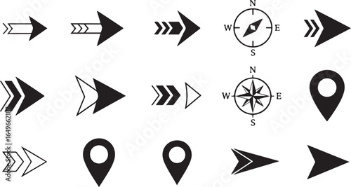 Vector art of collection of various arrow and compass symbols, including location pointers, isolated on a white background