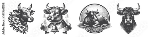 Vintage Hand-Drawn Cattle with Flower Necklace Illustration, Farm Animal Engraved Vector for Rustic and T-Shirt Design