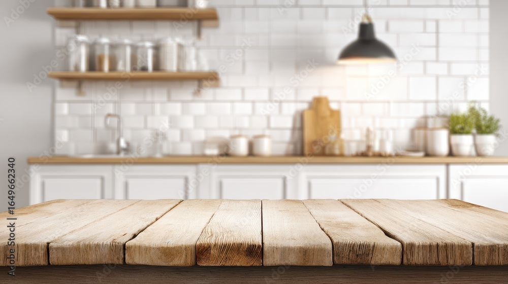 Obraz premium Rustic wooden table in a bright kitchen with white subway tile backsplash and hanging lamp