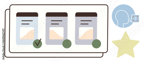 Three document cards arranged in a row, one marked with a check. Dialogue icon and a star at the side. Ideal for communication, evaluation, workflow, teamwork, organization, planning simple flat