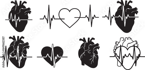 Vector art of collection of stylized black heart and heartbeat ekg line graphics, representing cardiac health, pulse, and medical care, isolated on a white background
