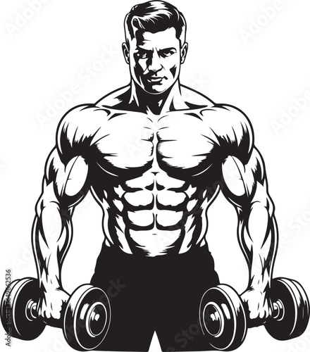 Muscular man with defined abs holding dumbbells in a gym bodybuilding weightlifting