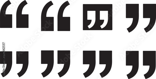 Vector art of collection of various black quotation marks and punctuation symbols isolated on a white background, representing text and communication elements