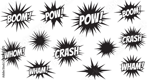 Vector art of collection of comic book sound effect words like boom, pow, wham, crash, and whom, isolated on white background
