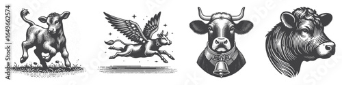 Vintage Hand-Drawn Cattle Cub Illustration, Farm Animal Engraved Vector for Pasture and T-Shirt Design